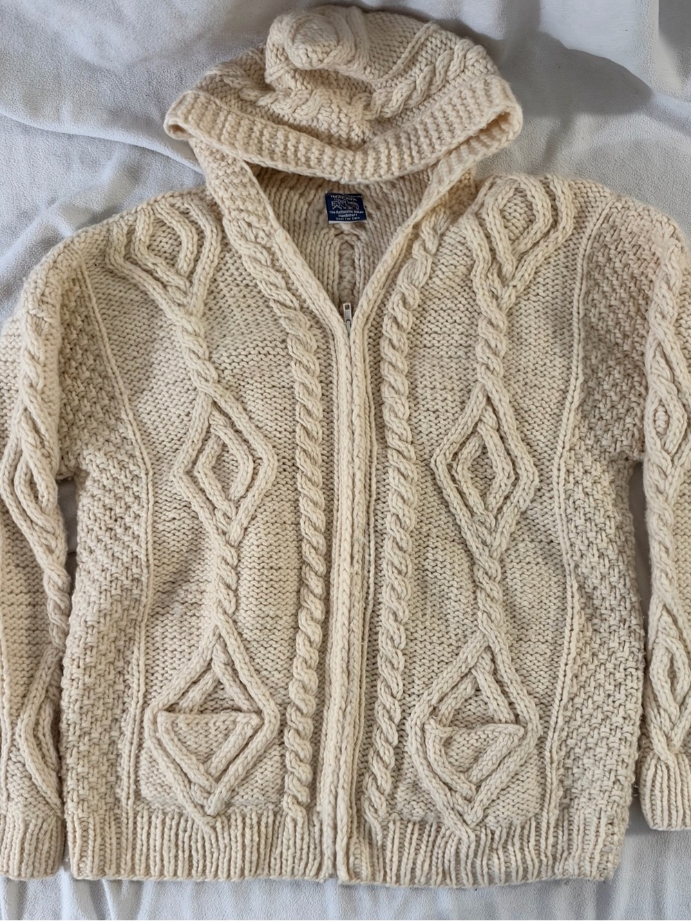 Vintage Hand Knit Chunky Fisherman Zip Cardigan Sweater in Cream